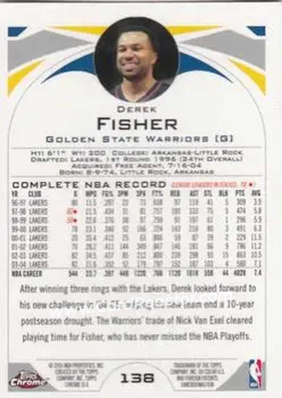 2004-05 Topps Chrome #138 - Derek Fisher - Golden State Warriors - Back