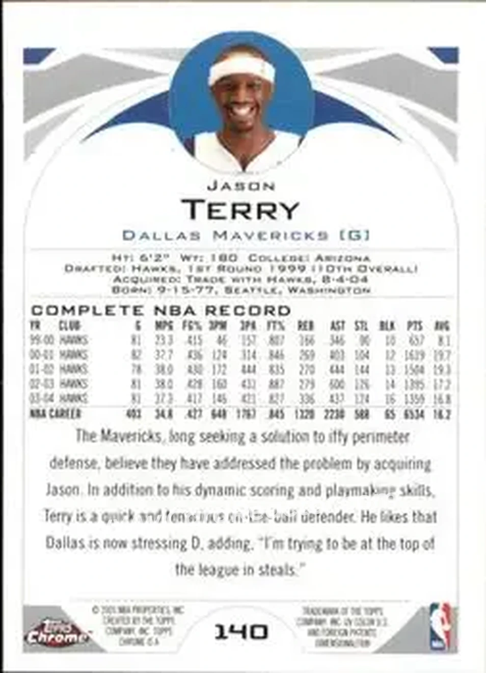 2004-05 Topps Chrome #140 - Jason Terry - Dallas Mavericks - Back