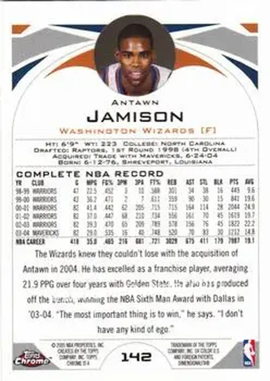 2004-05 Topps Chrome #142 - Antawn Jamison - Washington Wizards - Back