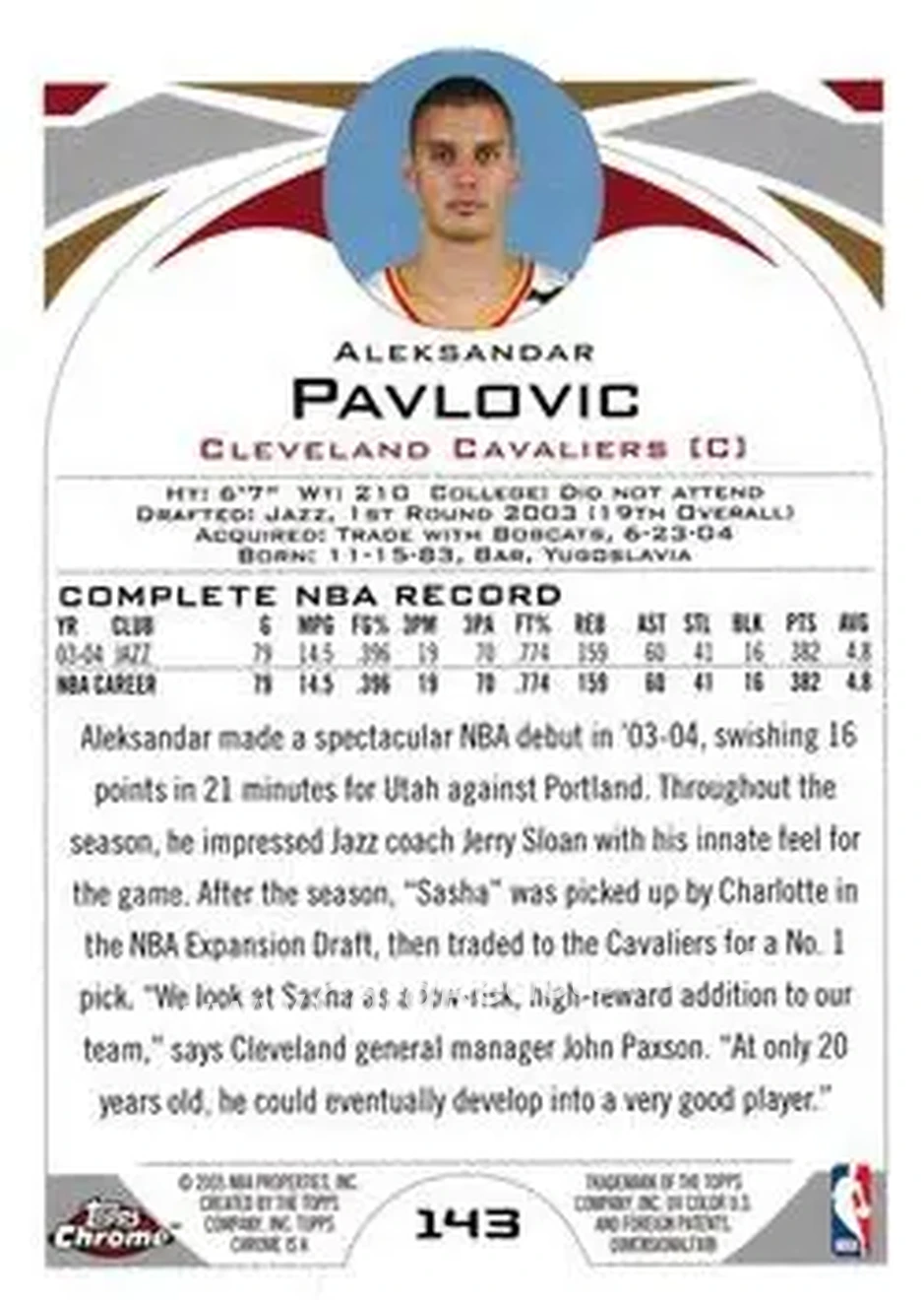 2004-05 Topps Chrome #143 - Alexander Pavlovic - Cleveland Cavaliers - Back