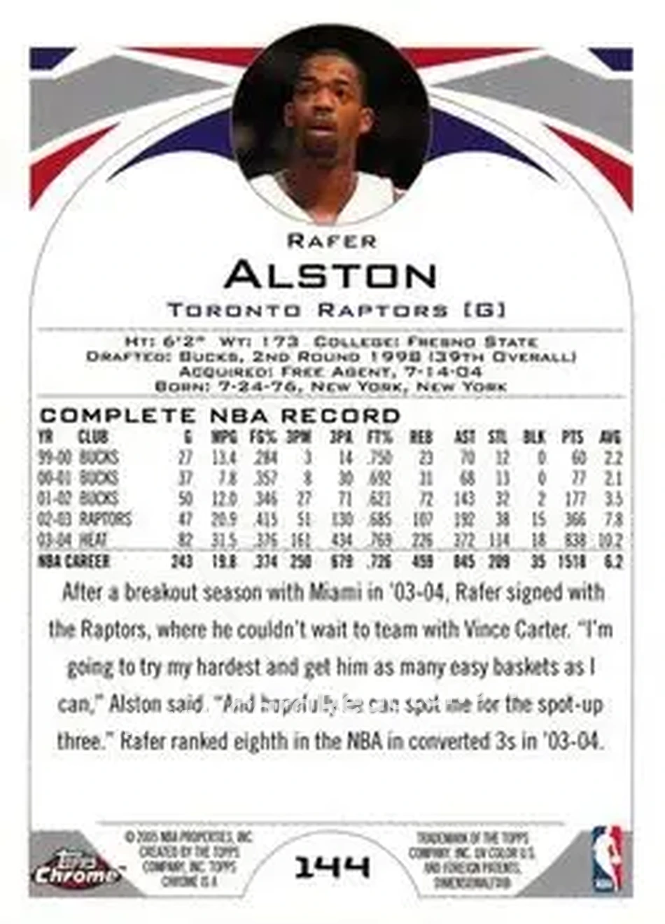2004-05 Topps Chrome #144 - Rafer Alston - Toronto Raptors - Back