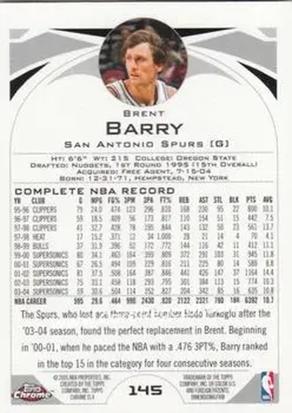 2004-05 Topps Chrome #145 - Brent Barry - San Antonio Spurs - Back