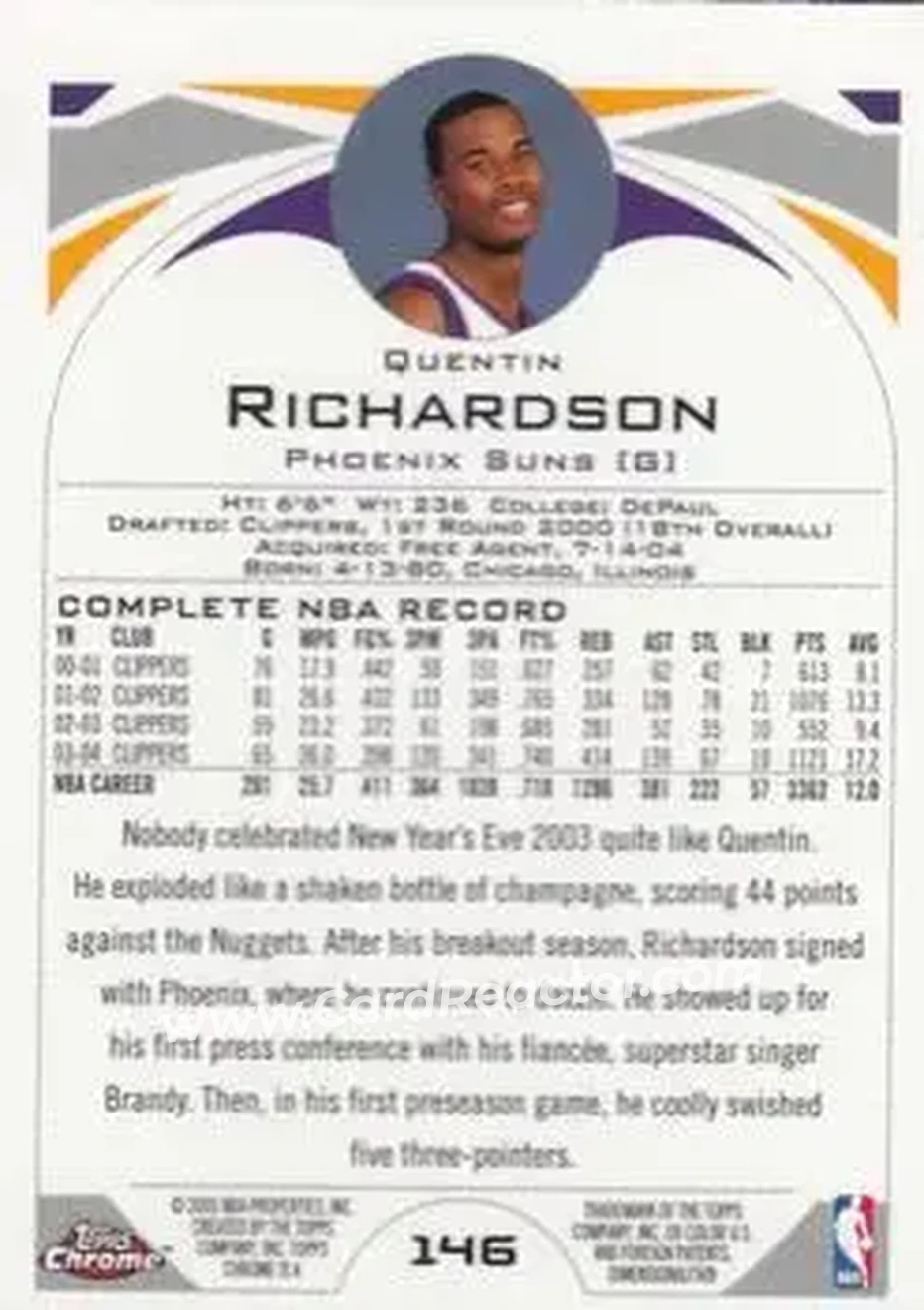 2004-05 Topps Chrome #146 - Quentin Richardson - Phoenix Suns - Back 2004-05 Topps Chrome #146 - Quentin Richardson - Phoenix Suns - Back