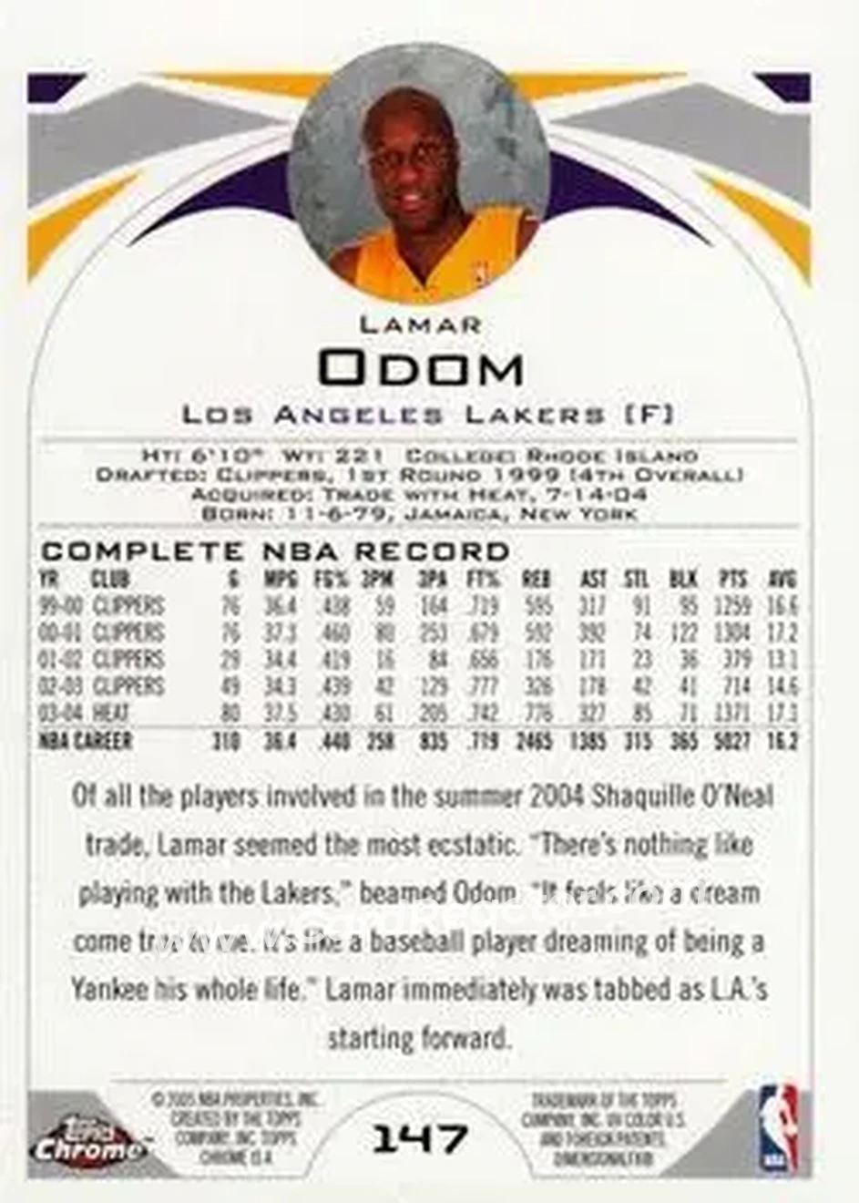 2004-05 Topps Chrome #147 - Lamar Odom - Los Angeles Lakers - Back