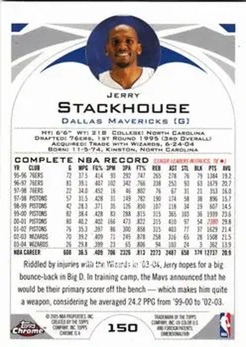 2004-05 Topps Chrome #150 - Jerry Stackhouse - Dallas Mavericks - Back
