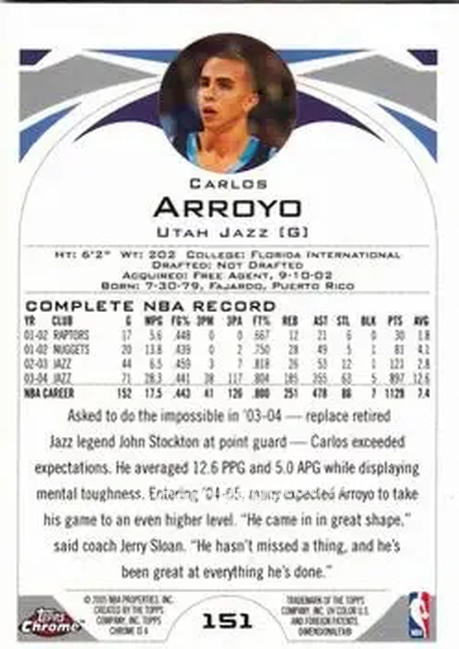 2004-05 Topps Chrome #151 - Carlos Arroyo - Utah Jazz - Back