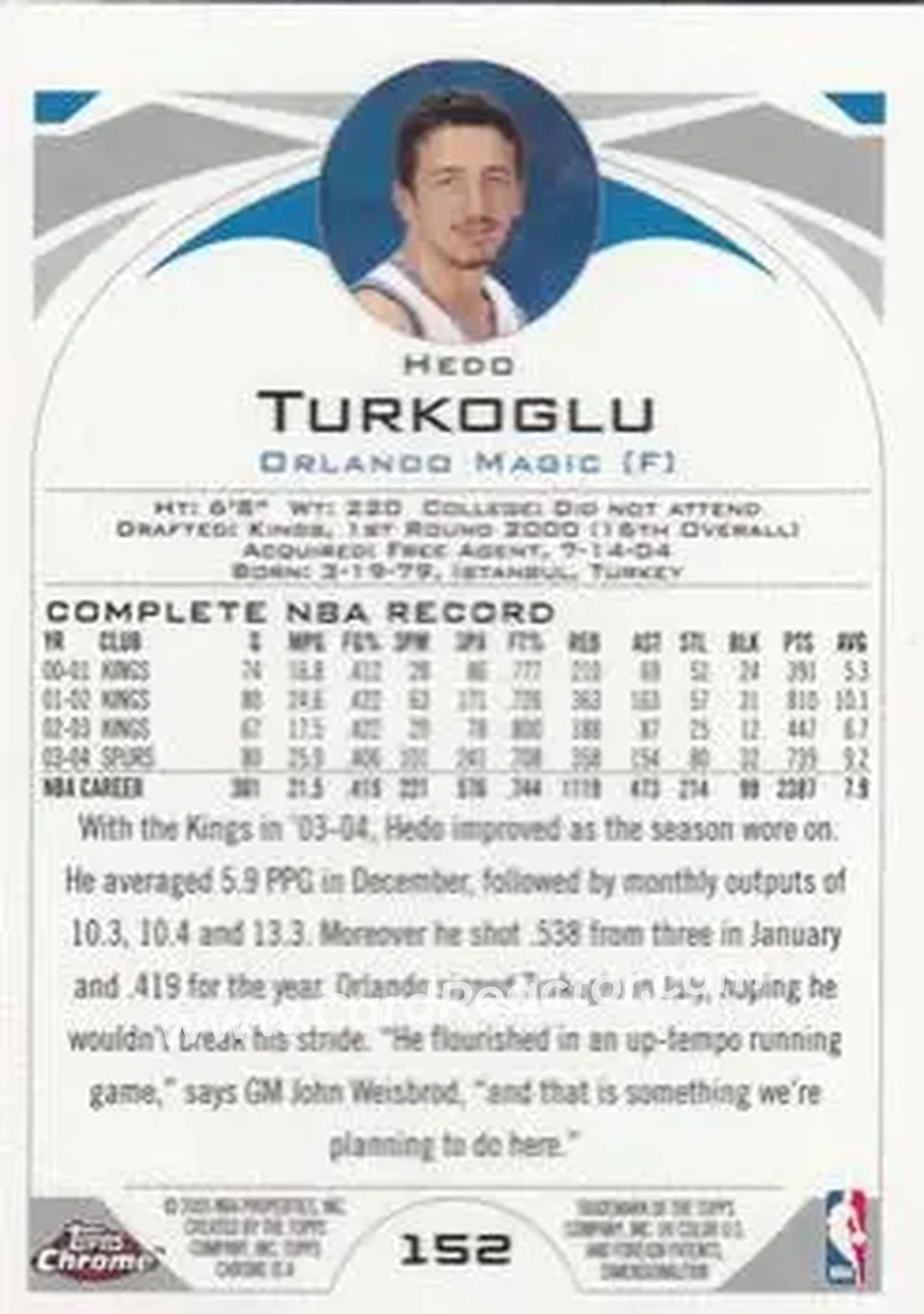 2004-05 Topps Chrome #152 - Hedo Turkoglu - Orlando Magic - Back 2004-05 Topps Chrome #152 - Hedo Turkoglu - Orlando Magic - Back