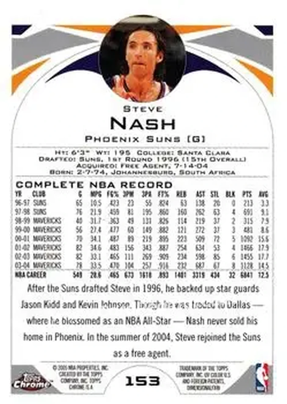 2004-05 Topps Chrome #153 - Steve Nash - Phoenix Suns - Back