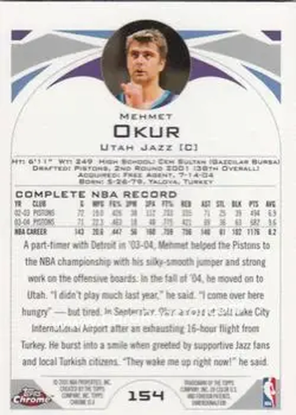 2004-05 Topps Chrome #154 - Mehmet Okur - Utah Jazz - Back