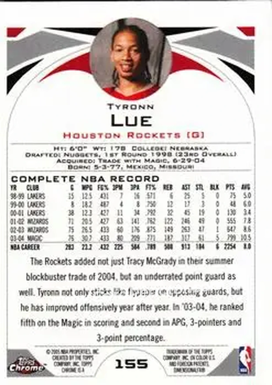 2004-05 Topps Chrome #155 - Tyronn Lue - Houston Rockets - Back 2004-05 Topps Chrome #155 - Tyronn Lue - Houston Rockets - Back