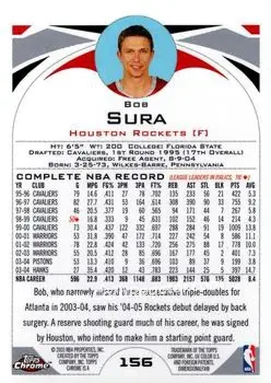 2004-05 Topps Chrome #156 - Bob Sura - Houston Rockets - Back