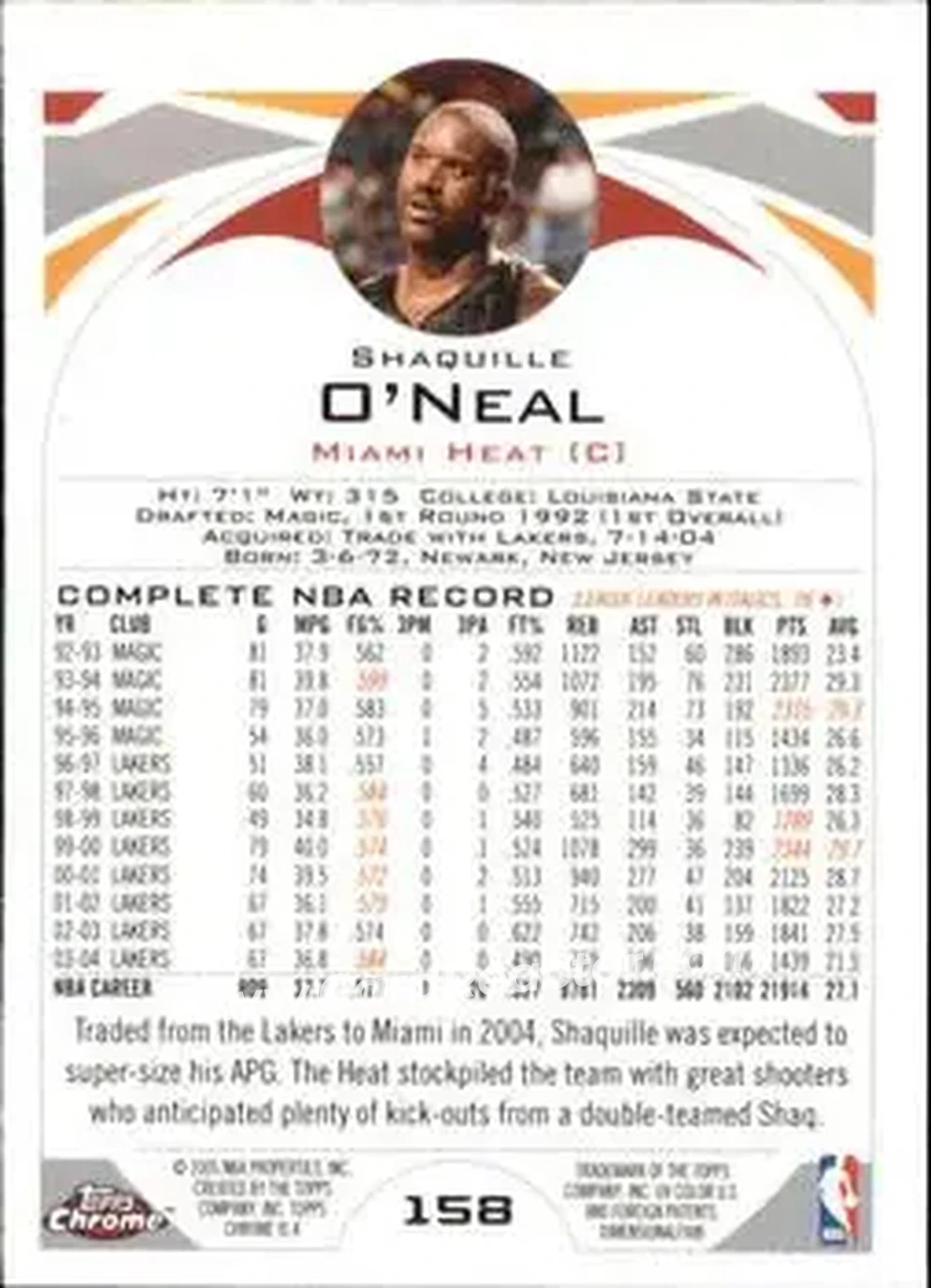 2004-05 Topps Chrome #158 - Shaquille O'Neal - Miami Heat - Back