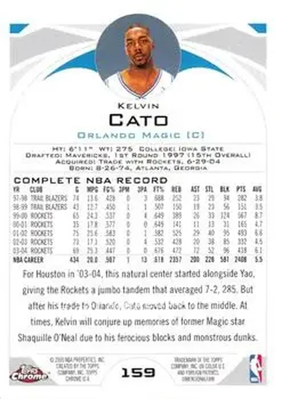 2004-05 Topps Chrome #159 - Kelvin Cato - Orlando Magic - Back