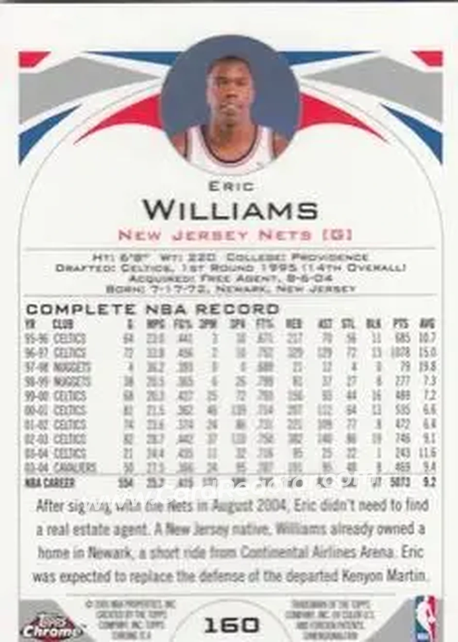 2004-05 Topps Chrome #160 - Eric Williams - New Jersey Nets - Back