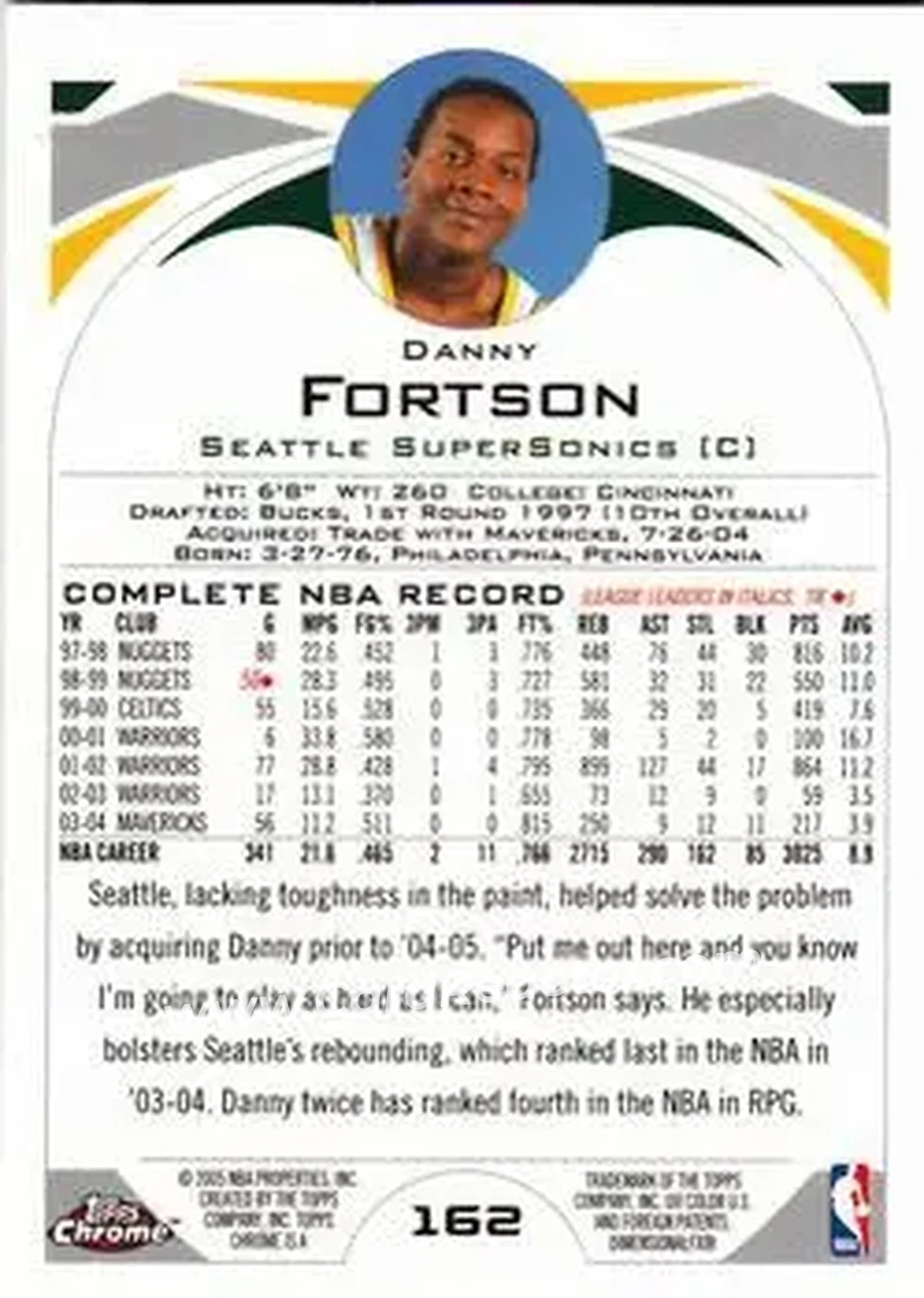 2004-05 Topps Chrome #162 - Danny Fortson - Seattle SuperSonics - Back 2004-05 Topps Chrome #162 - Danny Fortson - Seattle SuperSonics - Back