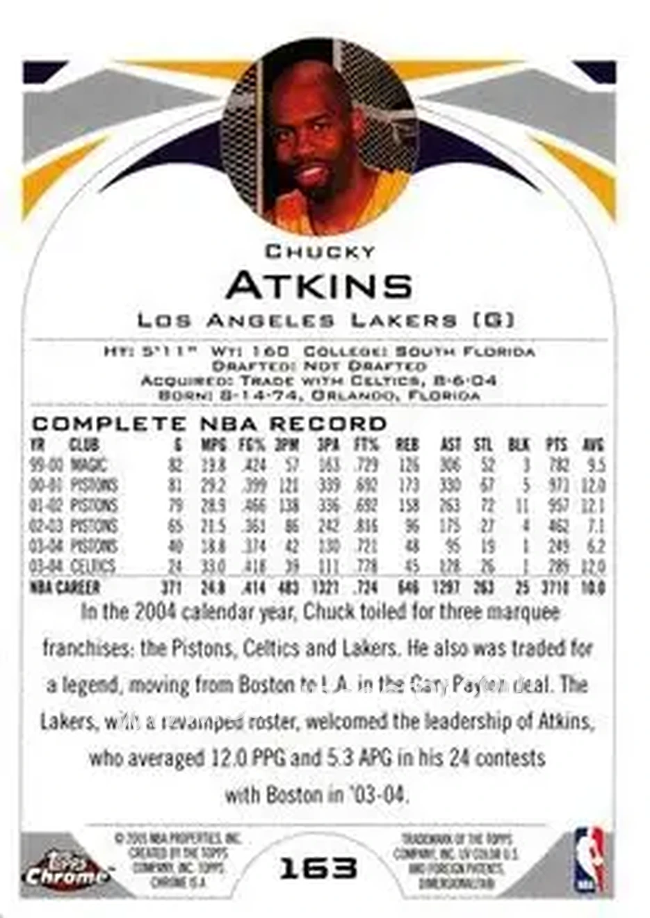 2004-05 Topps Chrome #163 - Chucky Atkins - Los Angeles Lakers - Back