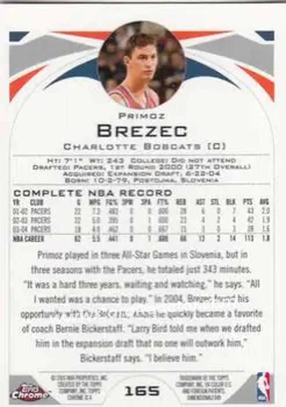2004-05 Topps Chrome #165 - Primož Brezec - Charlotte Bobcats - Back