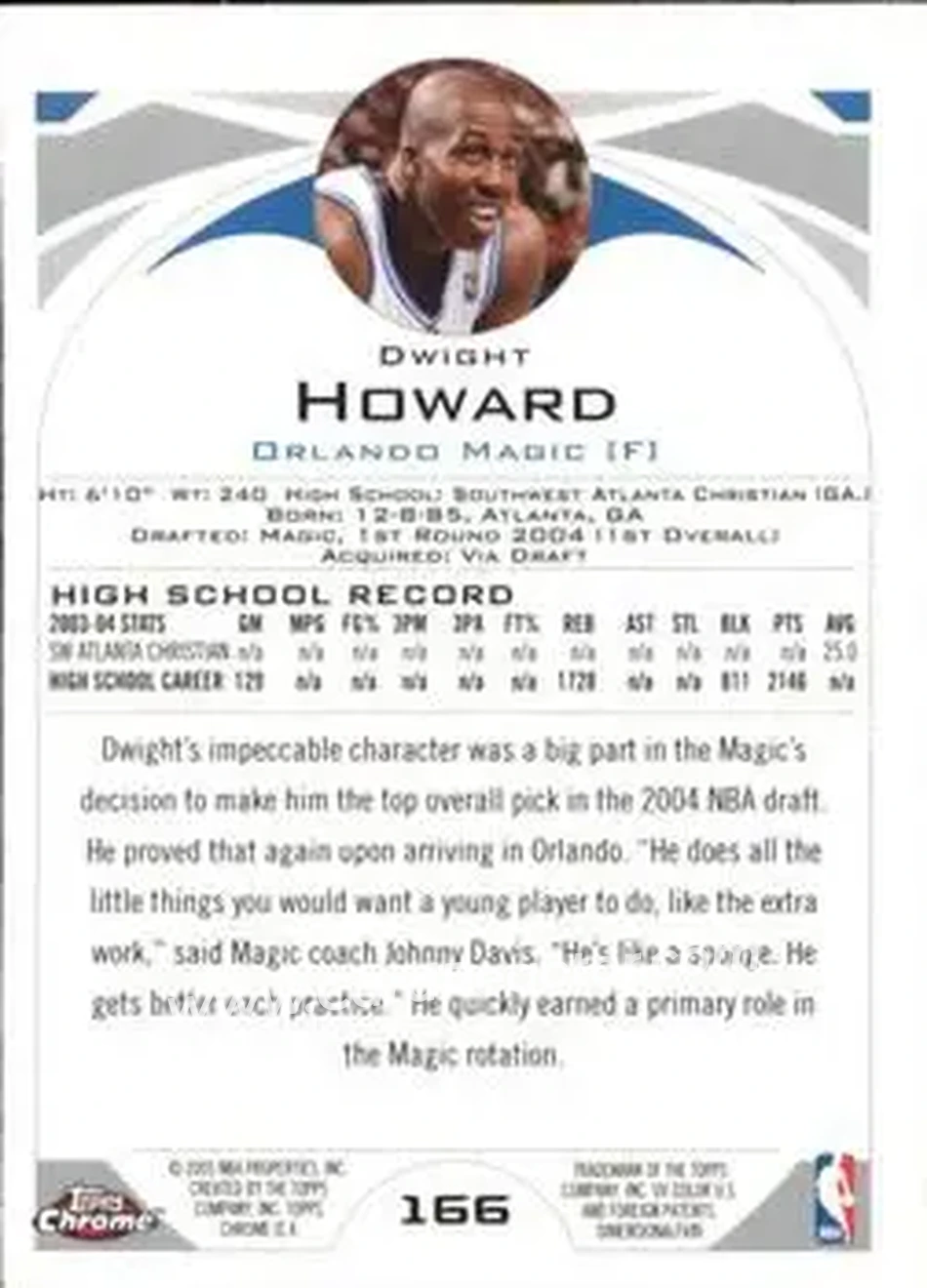 2004-05 Topps Chrome #166 - Dwight Howard - Orlando Magic - Back
