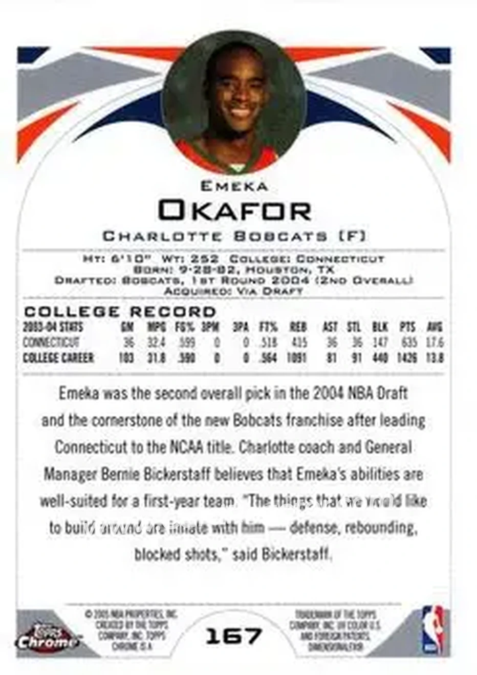 2004-05 Topps Chrome #167 - Emeka Okafor - Charlotte Bobcats - Back