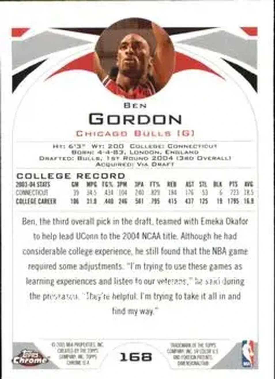 2004-05 Topps Chrome #168 - Ben Gordon - Chicago Bulls - Back 2004-05 Topps Chrome #168 - Ben Gordon - Chicago Bulls - Back