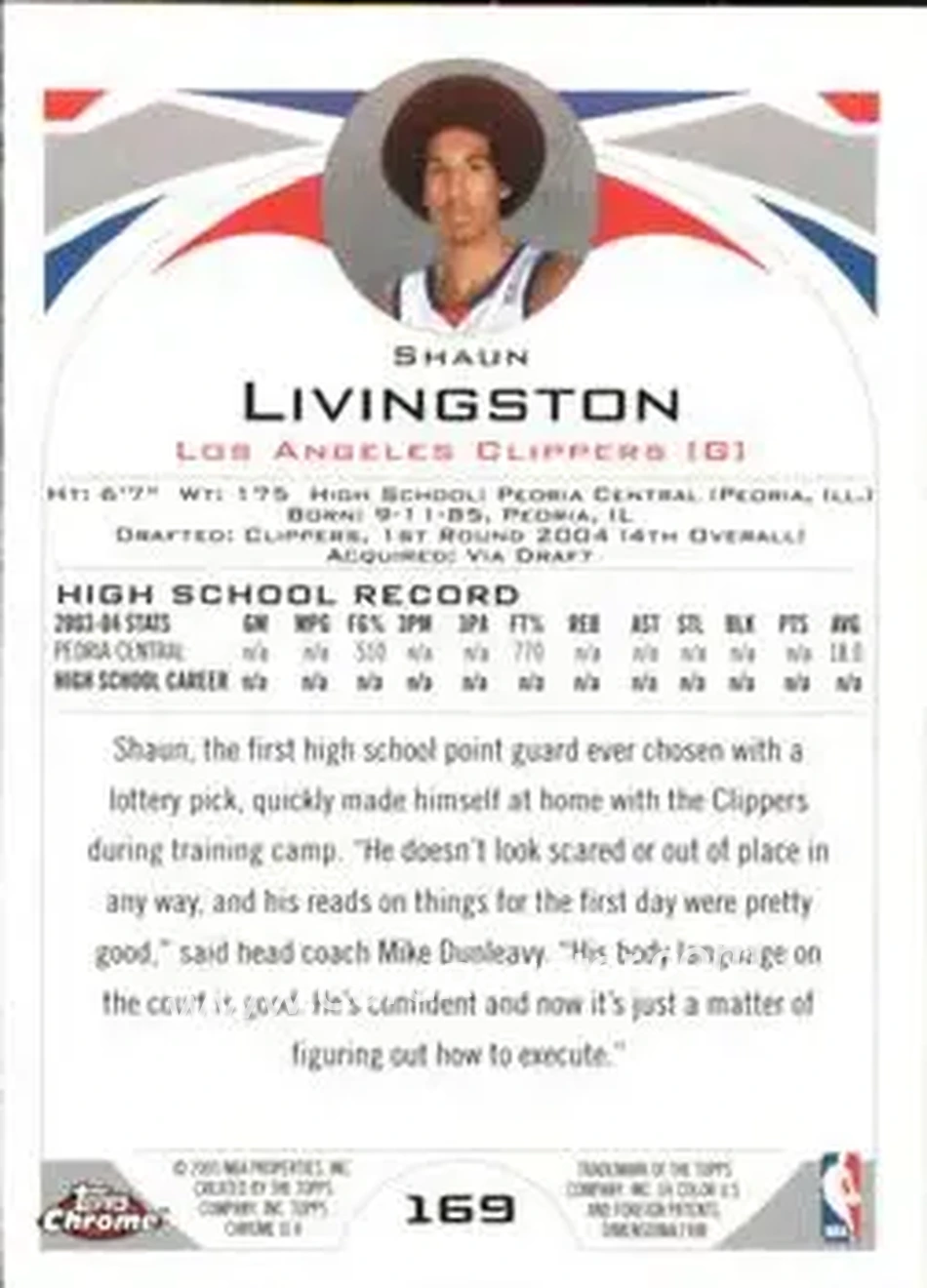 2004-05 Topps Chrome #169 - Shaun Livingston - Los Angeles Clippers - Back