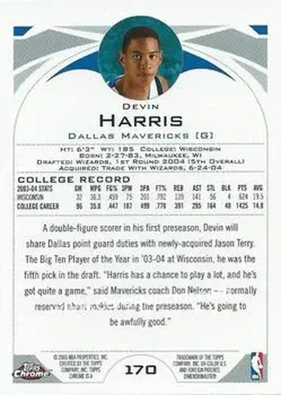 2004-05 Topps Chrome #170 - Devin Harris - Dallas Mavericks - Back