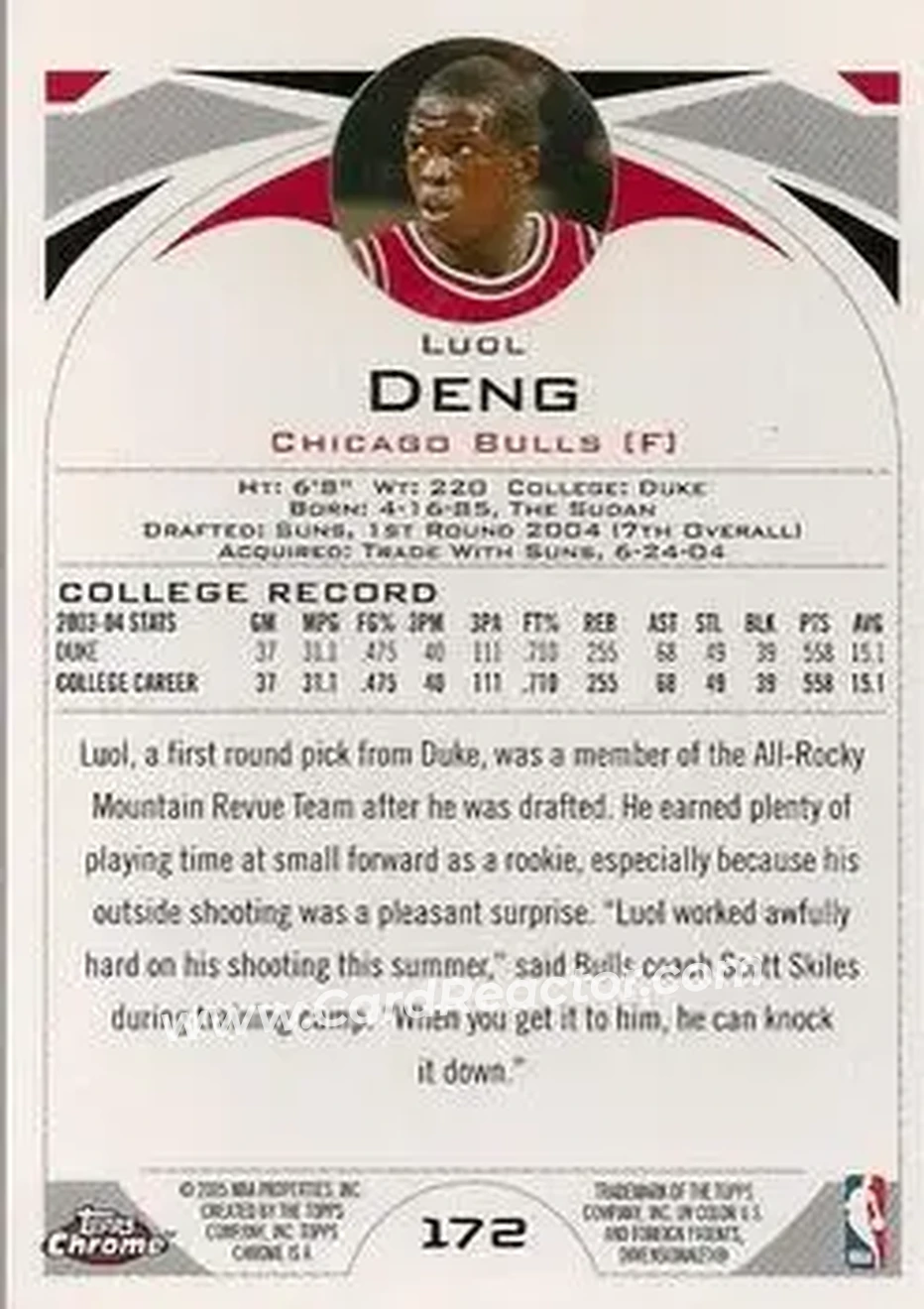 2004-05 Topps Chrome #172 - Luol Deng - Chicago Bulls - Back