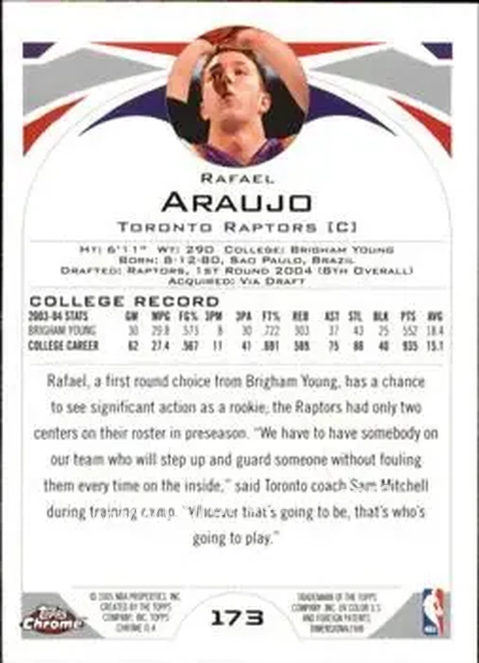 2004-05 Topps Chrome #173 - Rafael Araújo - Toronto Raptors - Back