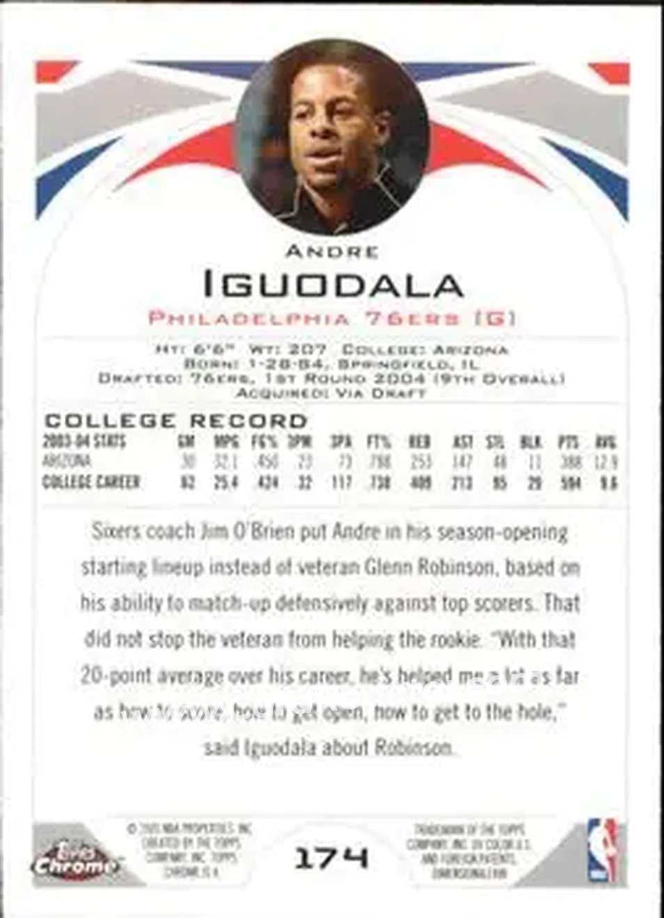 2004-05 Topps Chrome #174 - Andre Iguodala - Philadelphia 76ers - Back