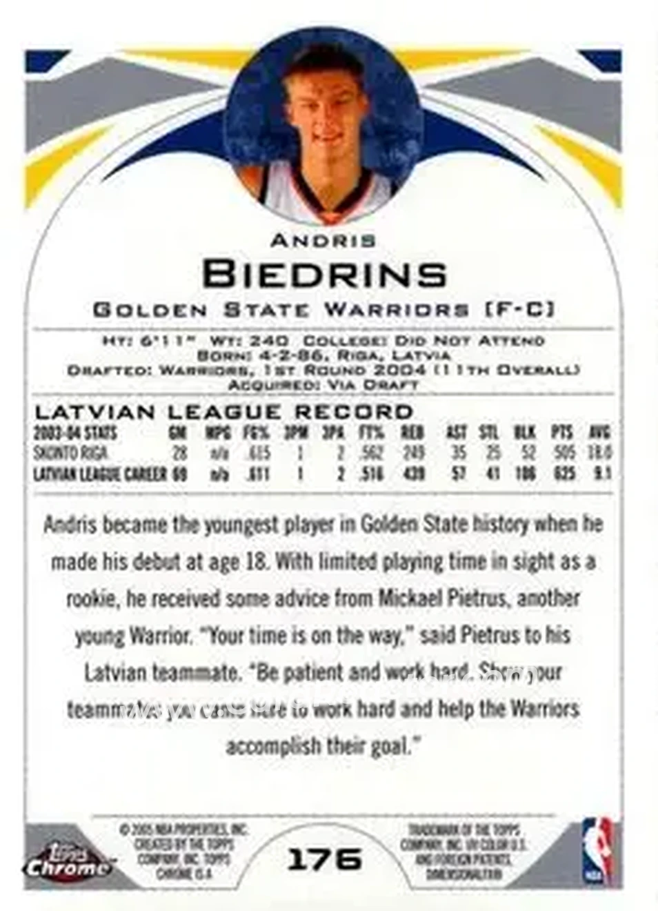 2004-05 Topps Chrome #176 - Andris Biedriņš - Golden State Warriors - Back