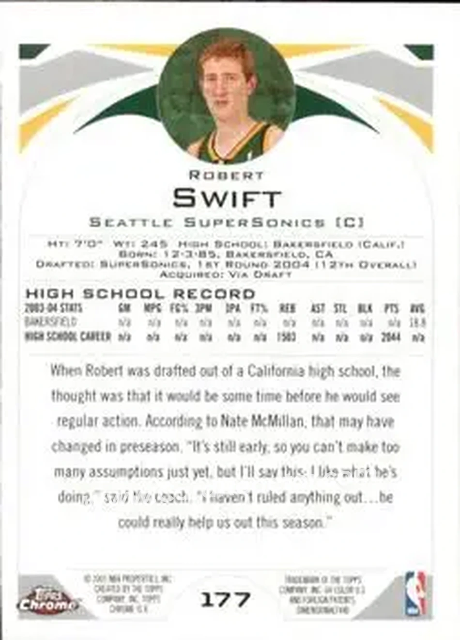 2004-05 Topps Chrome #177 - Robert Swift - Seattle SuperSonics - Back 2004-05 Topps Chrome #177 - Robert Swift - Seattle SuperSonics - Back