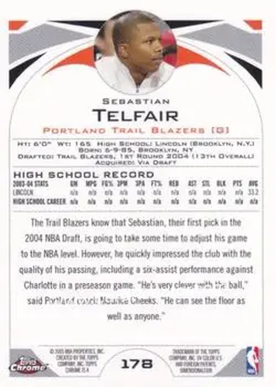 2004-05 Topps Chrome #178 - Sebastian Telfair - Portland Trail Blazers - Back