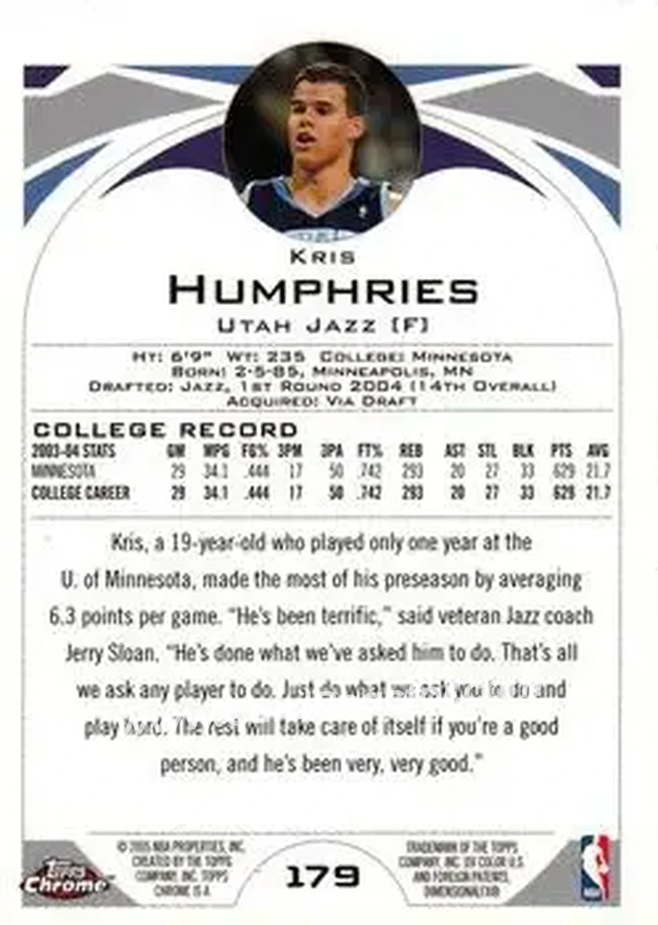 2004-05 Topps Chrome #179 - Kris Humphries - Utah Jazz - Back