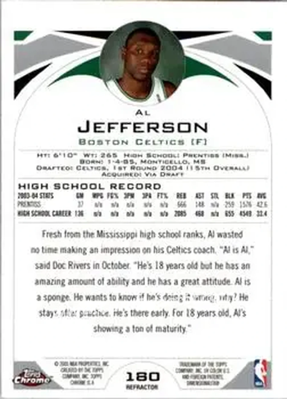 2004-05 Topps Chrome #180 - Al Jefferson - Boston Celtics - Back