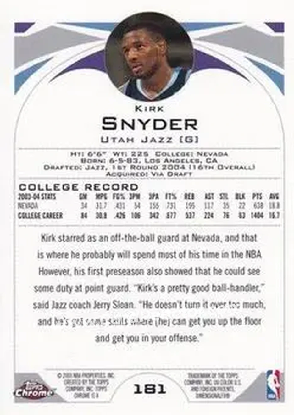 2004-05 Topps Chrome #181 - Kirk Snyder - Utah Jazz - Back