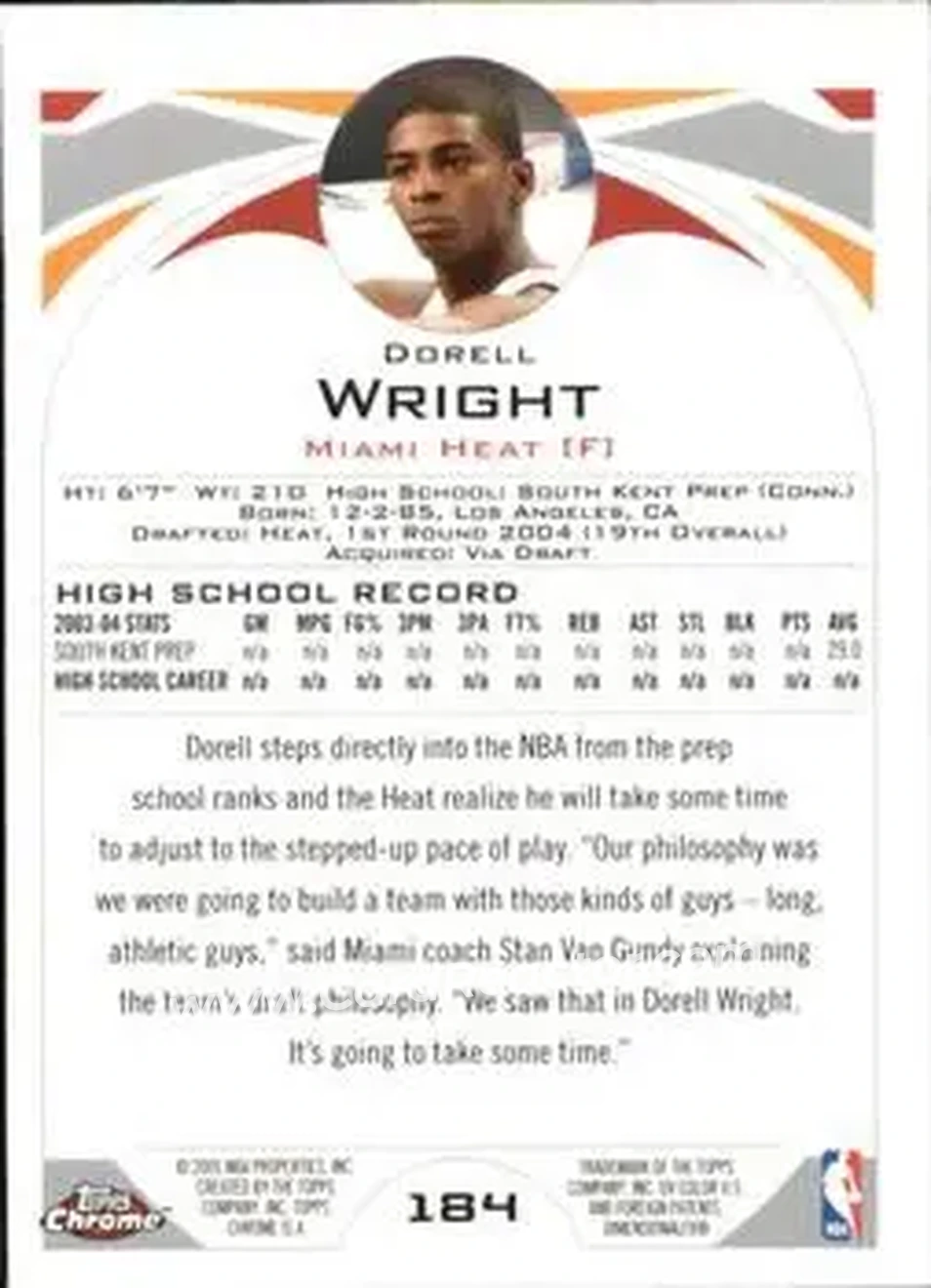 2004-05 Topps Chrome #184 - Dorell Wright - Miami Heat - Back