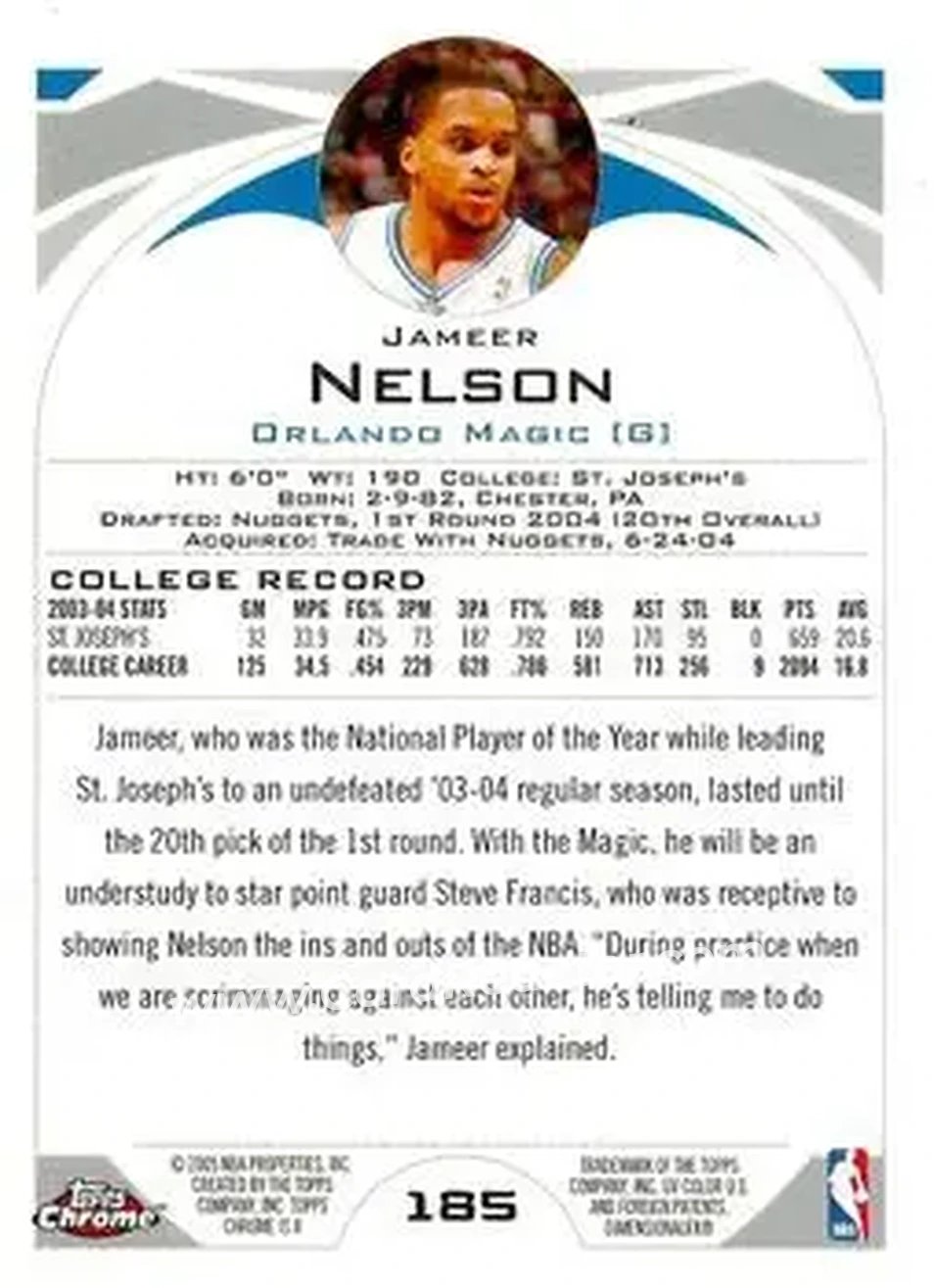 2004-05 Topps Chrome #185 - Jameer Nelson - Orlando Magic - Back