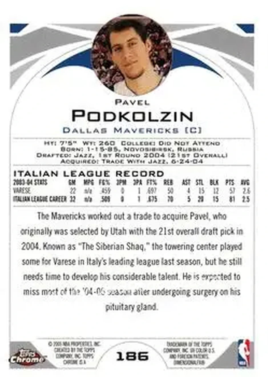 2004-05 Topps Chrome #186 - Pavel Podkolzin - Dallas Mavericks - Back