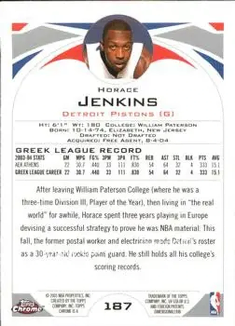 2004-05 Topps Chrome #187 - Horace Jenkins - Detroit Pistons - Back
