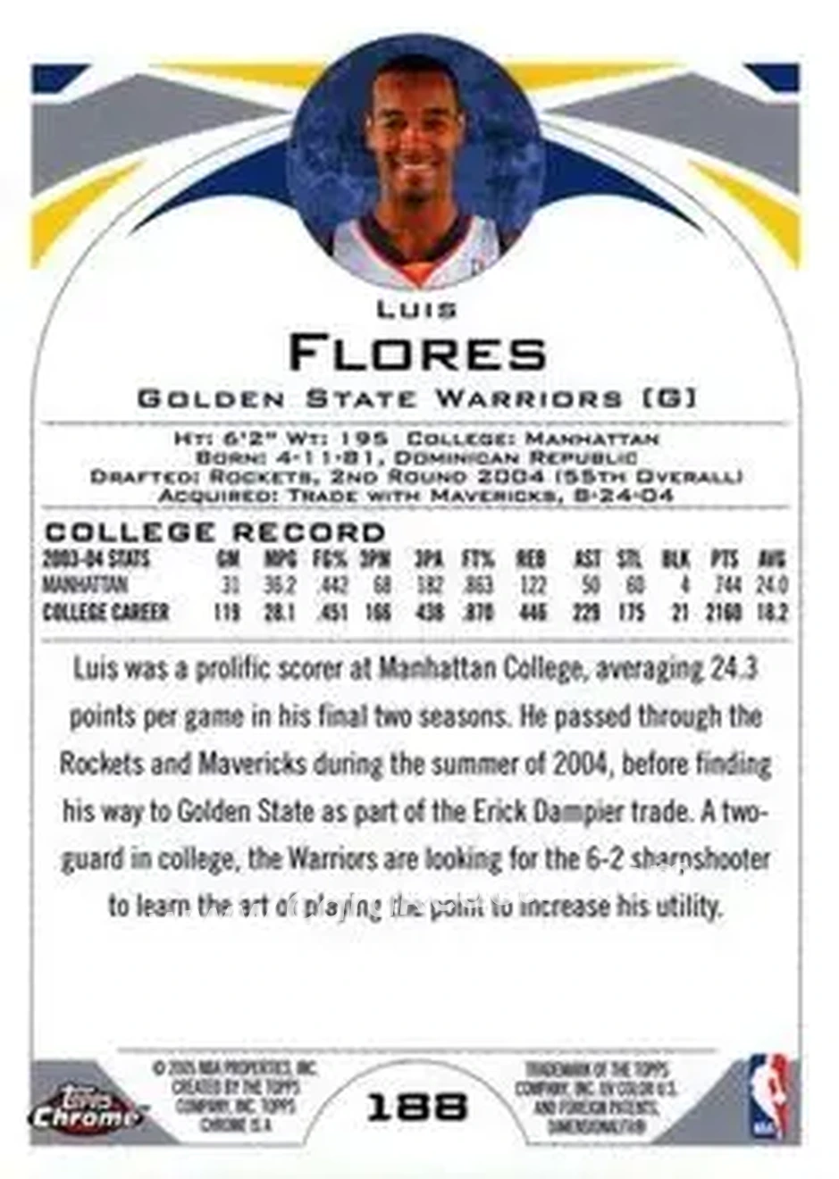 2004-05 Topps Chrome #188 - Luis Flores - Golden State Warriors - Back