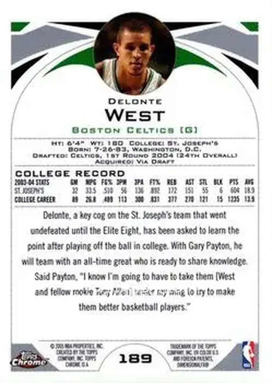 2004-05 Topps Chrome #189 - Delonte West - Boston Celtics - Back