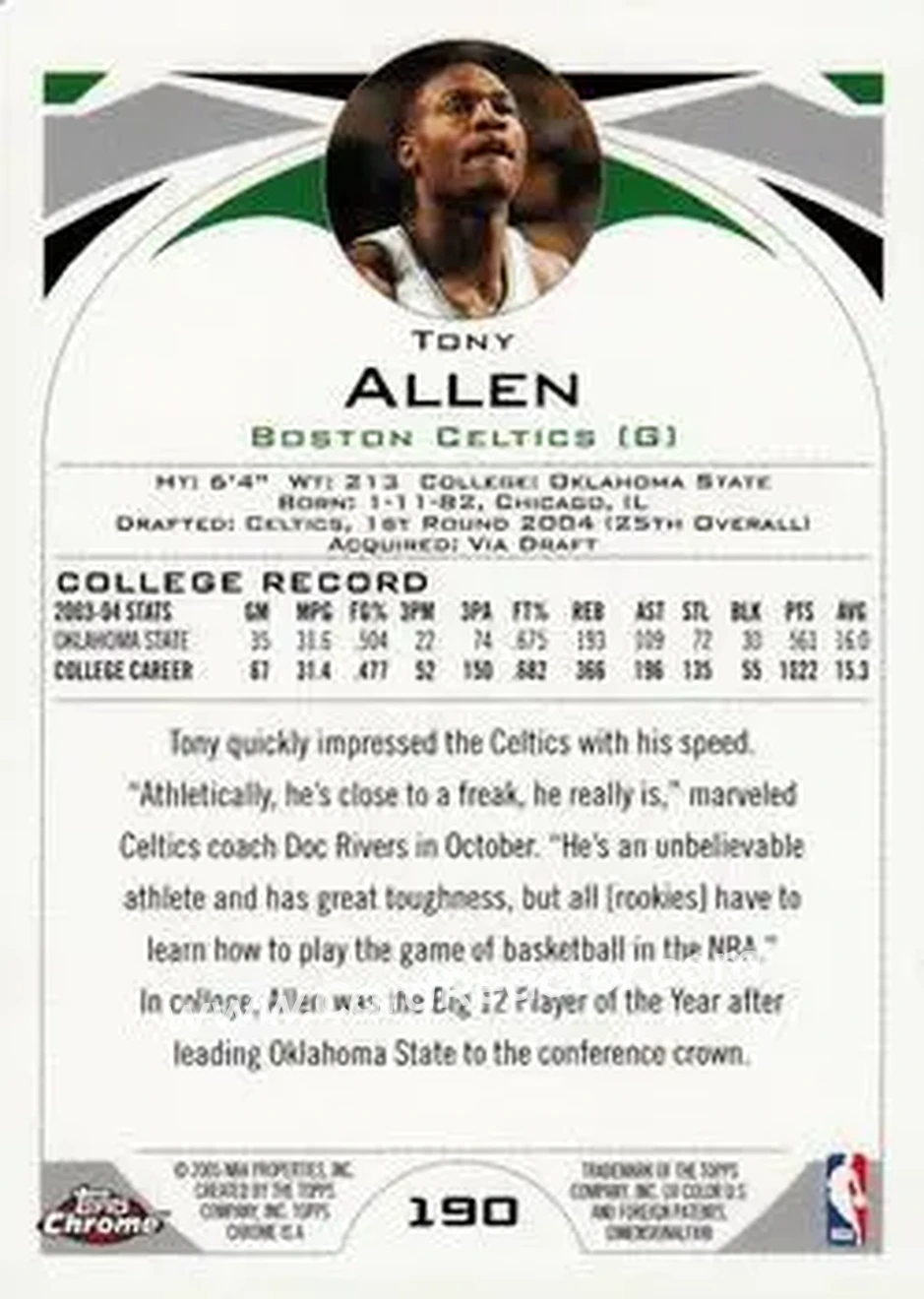 2004-05 Topps Chrome #190 - Tony Allen - Boston Celtics - Back