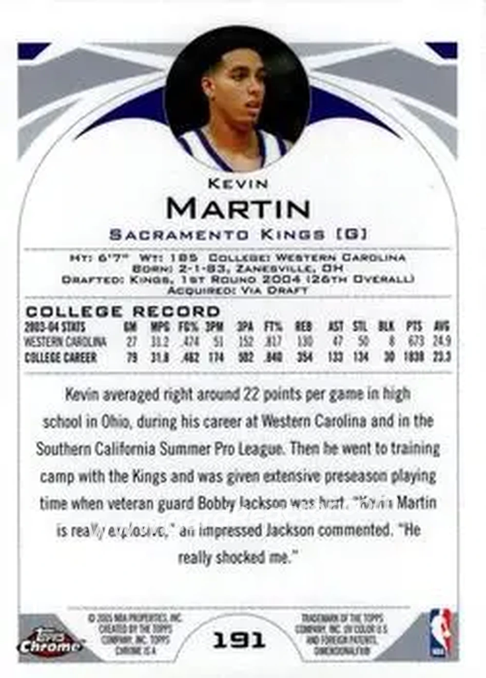 2004-05 Topps Chrome #191 - Kevin Martin - Sacramento Kings - Back