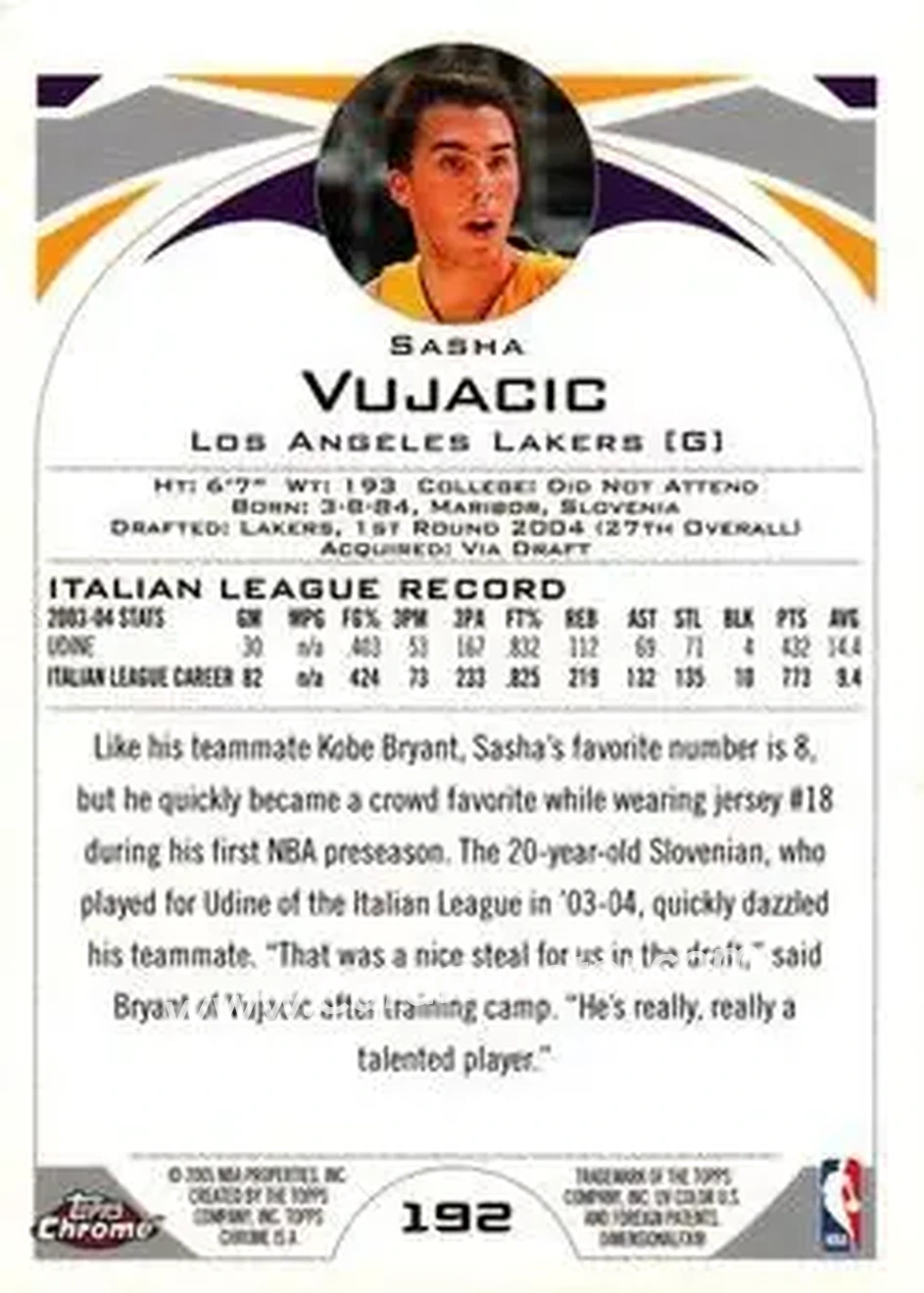 2004-05 Topps Chrome #192 - Sasha Vujačić - Los Angeles Lakers - Back
