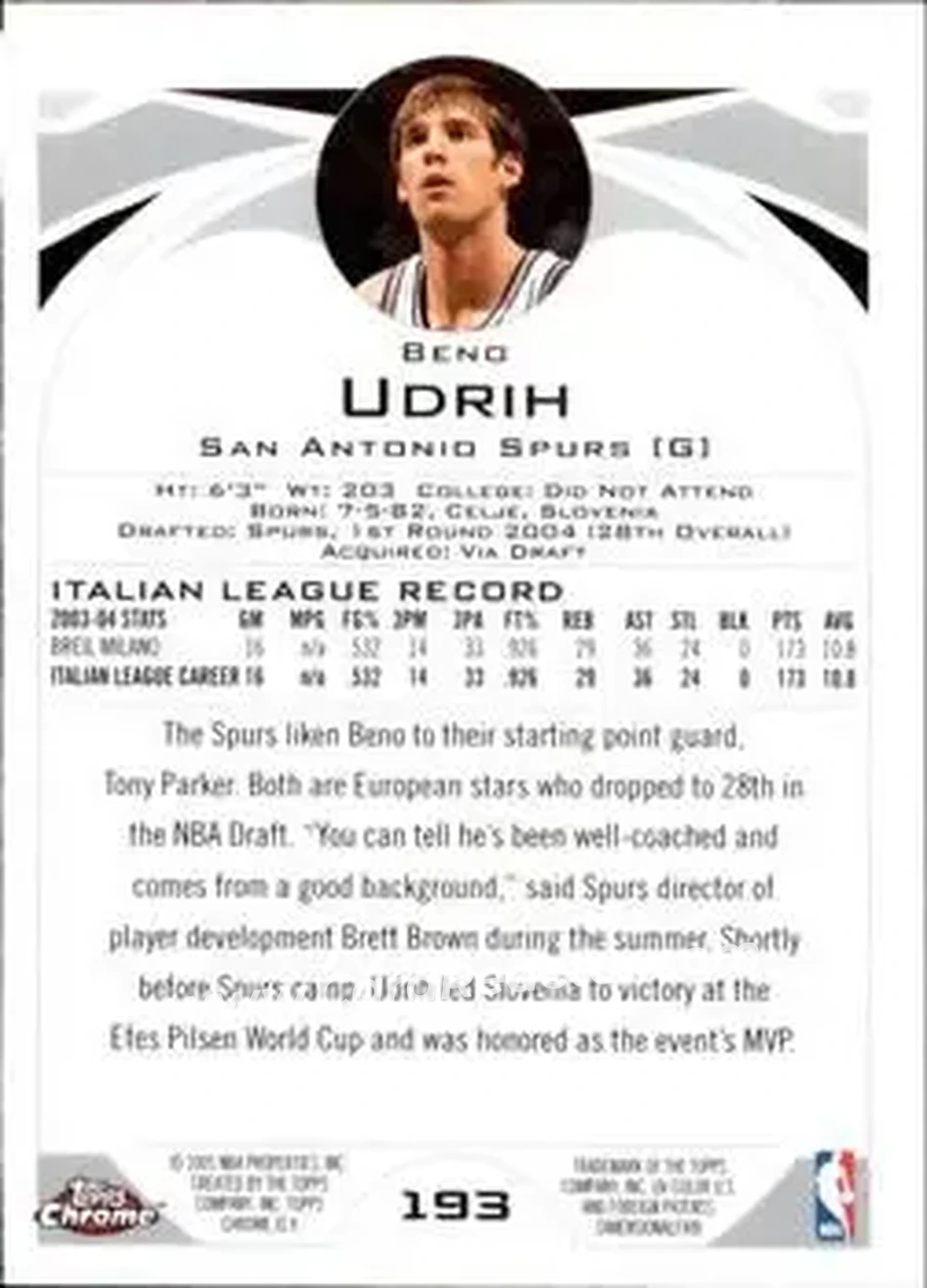 2004-05 Topps Chrome #193 - Beno Udrih - San Antonio Spurs - Back