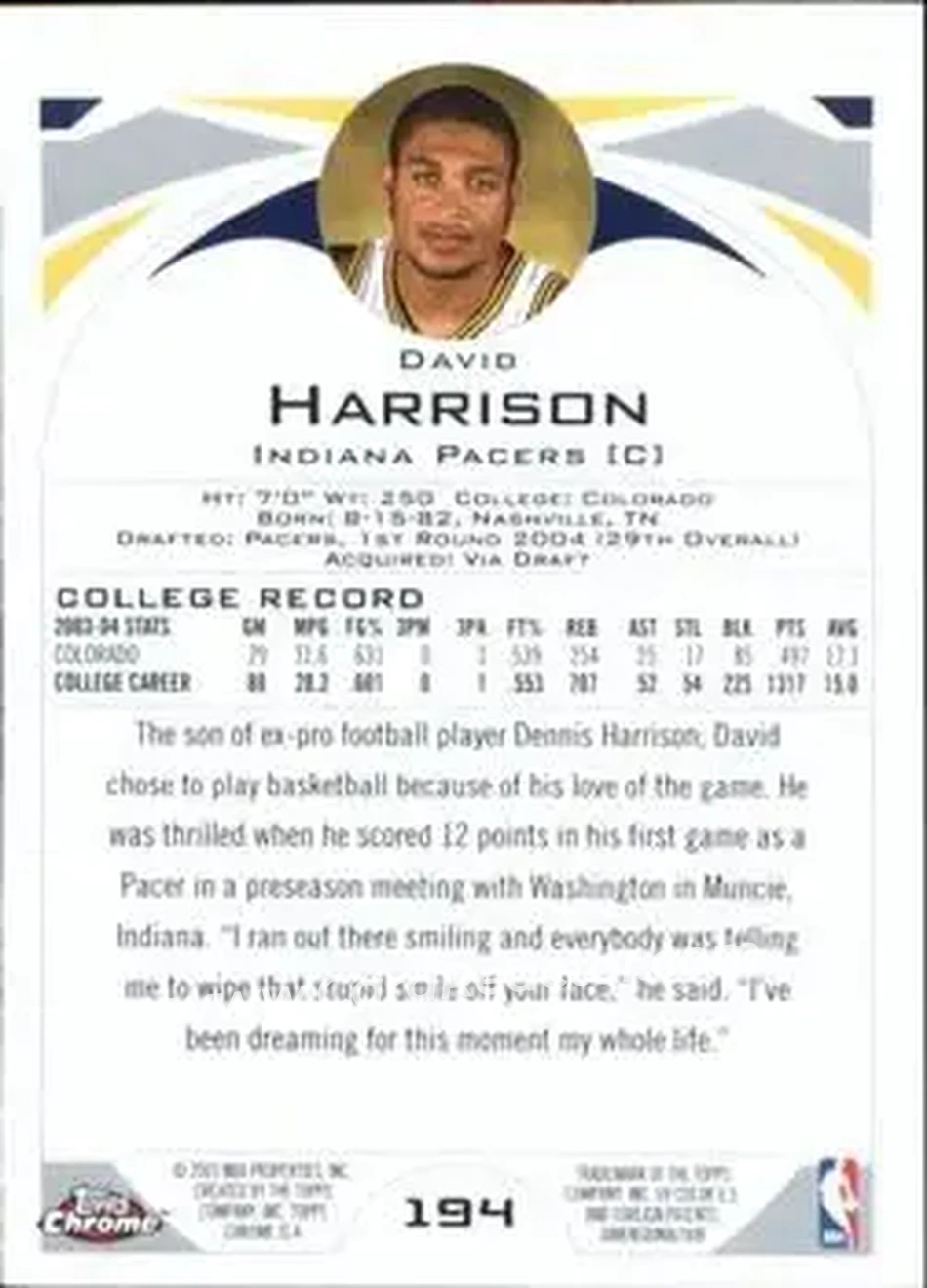 2004-05 Topps Chrome #194 - David Harrison - Indiana Pacers - Back