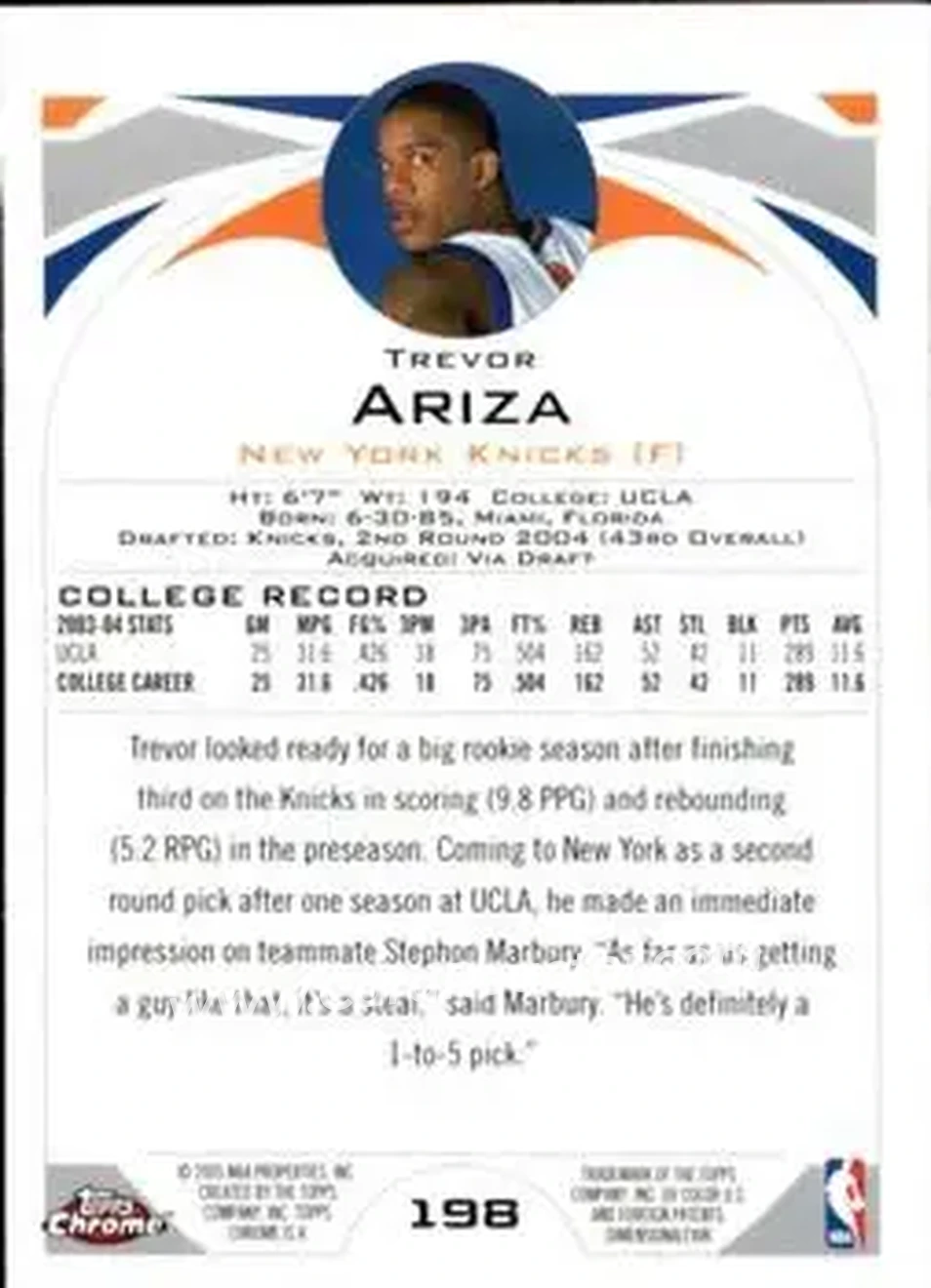 2004-05 Topps Chrome #198 - Trevor Ariza - New York Knicks - Back
