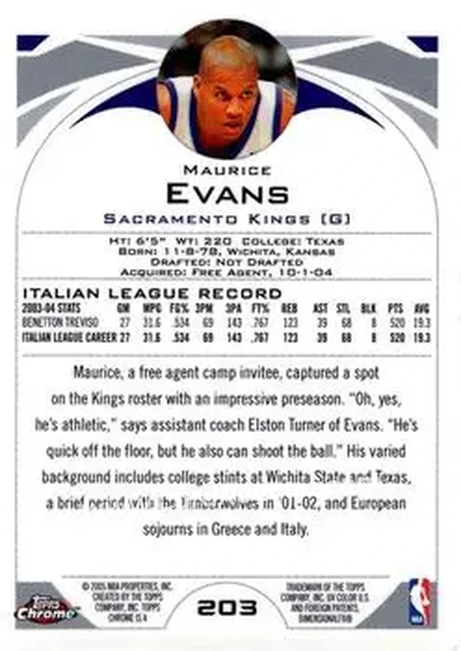 2004-05 Topps Chrome #203 - Maurice Evans - Sacramento Kings - Back 2004-05 Topps Chrome #203 - Maurice Evans - Sacramento Kings - Back
