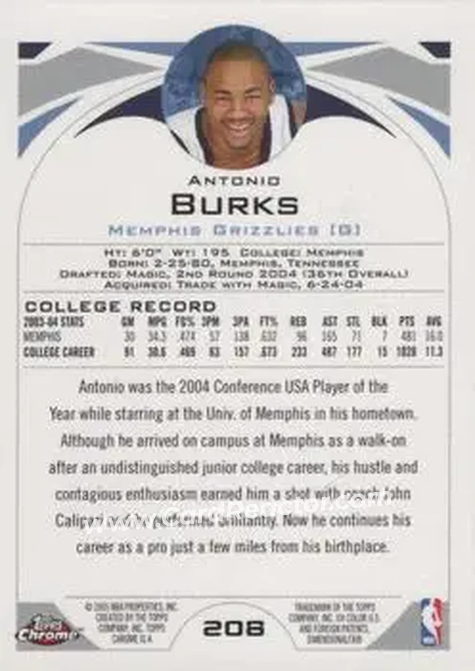 2004-05 Topps Chrome #208 - Antonio Burks - Memphis Grizzlies - Back