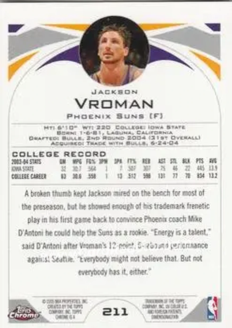 2004-05 Topps Chrome #211 - Jackson Vroman - Phoenix Suns - Back